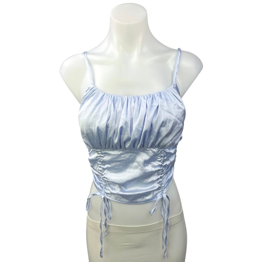 Idem Ditto Blue Silk Satin Sleeveless Smocked Ruched Cami Crop Top Size S